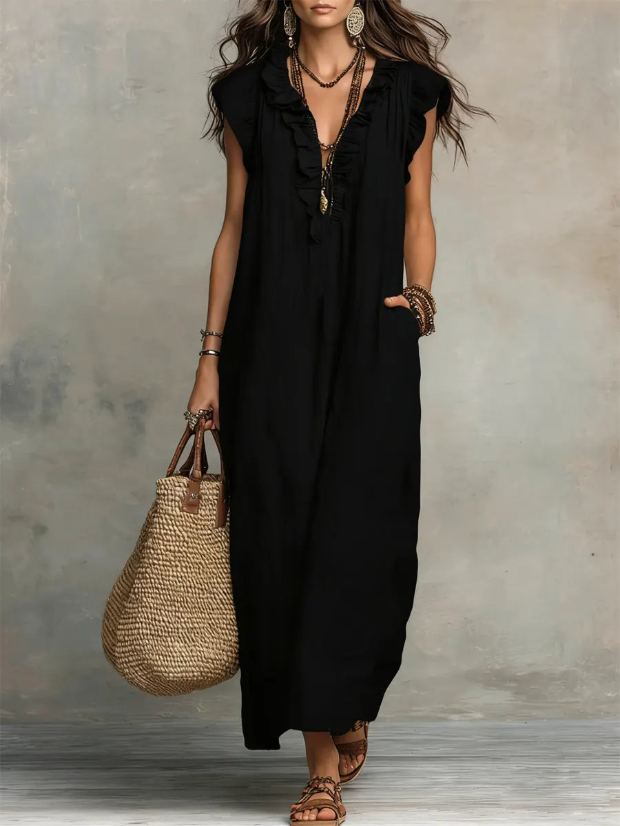 Noelia | Vestido casual de lino y algodón de color sólido con volantes para mujer