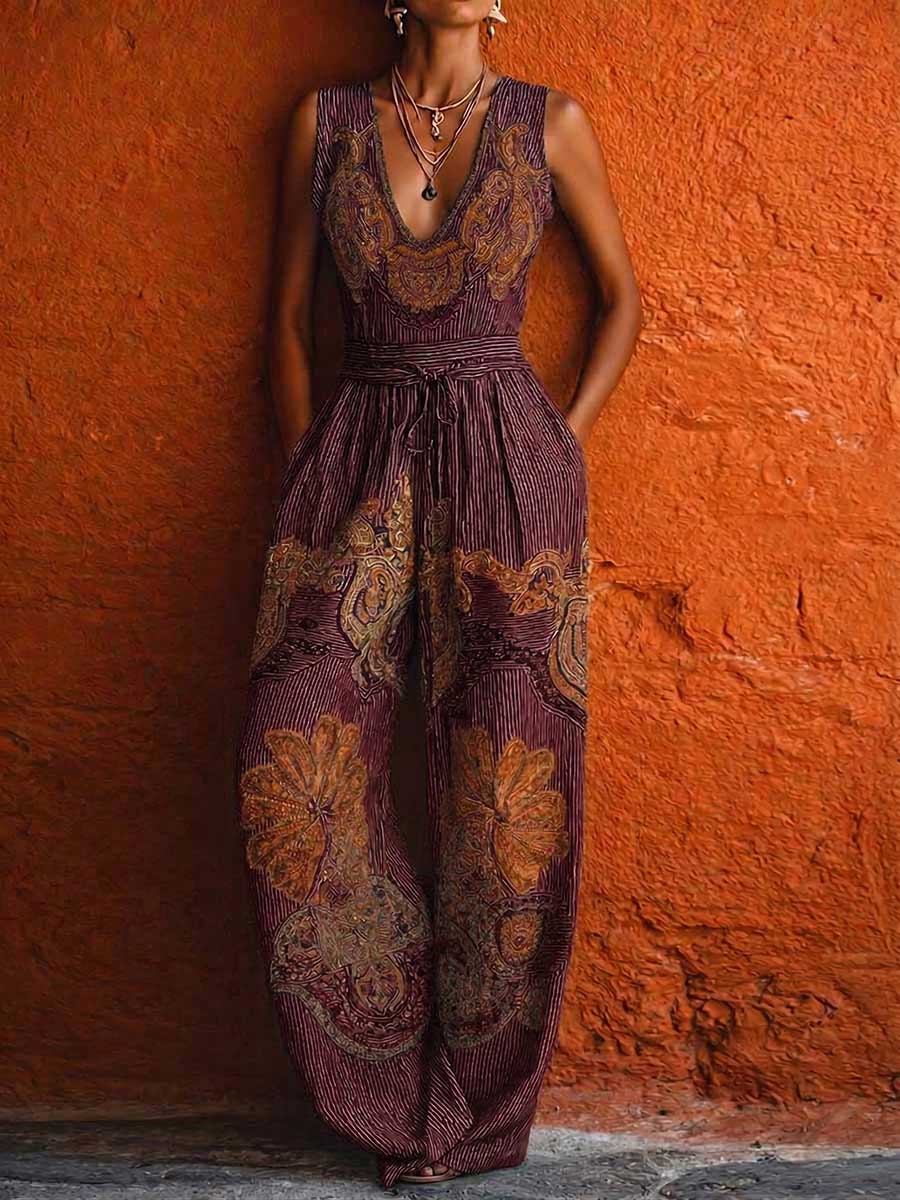Marisa | Mono de pierna ancha de algodón y lino con rayas retro, sin mangas y cuello en V para mujer