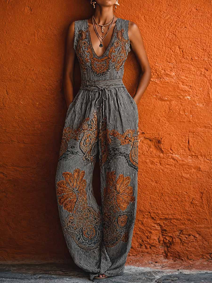 Marisa | Mono de pierna ancha de algodón y lino con rayas retro, sin mangas y cuello en V para mujer