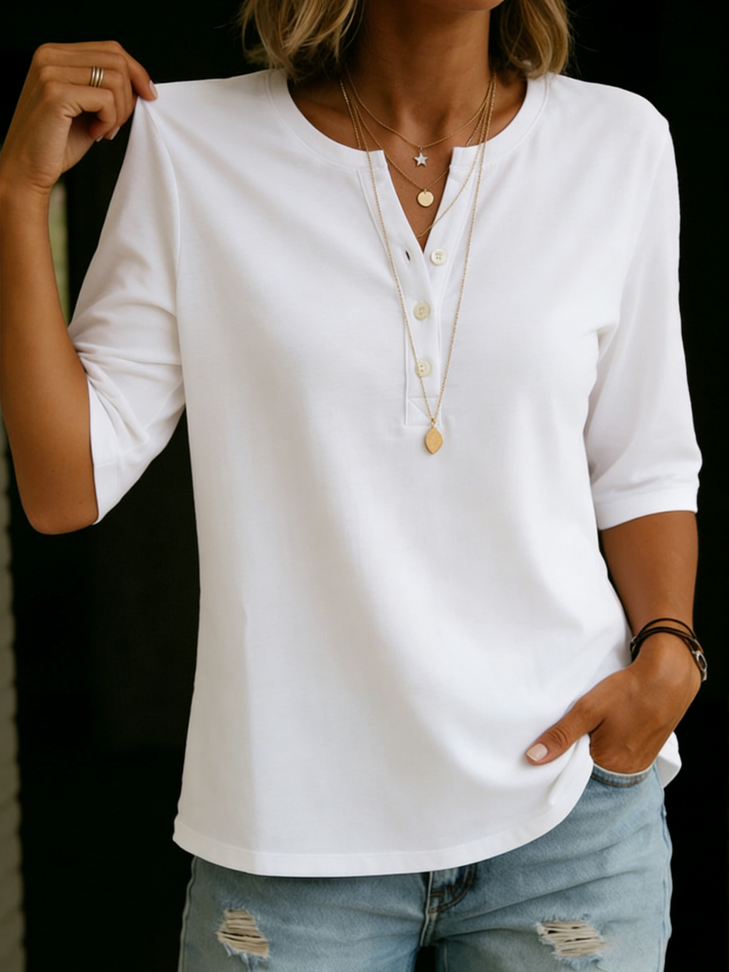 Paula | Camiseta de algodón con botones y manga corta estilo casual