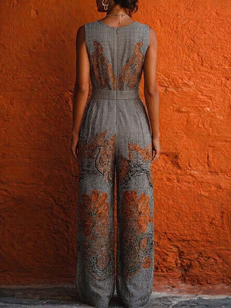 Marisa | Mono de pierna ancha de algodón y lino con rayas retro, sin mangas y cuello en V para mujer