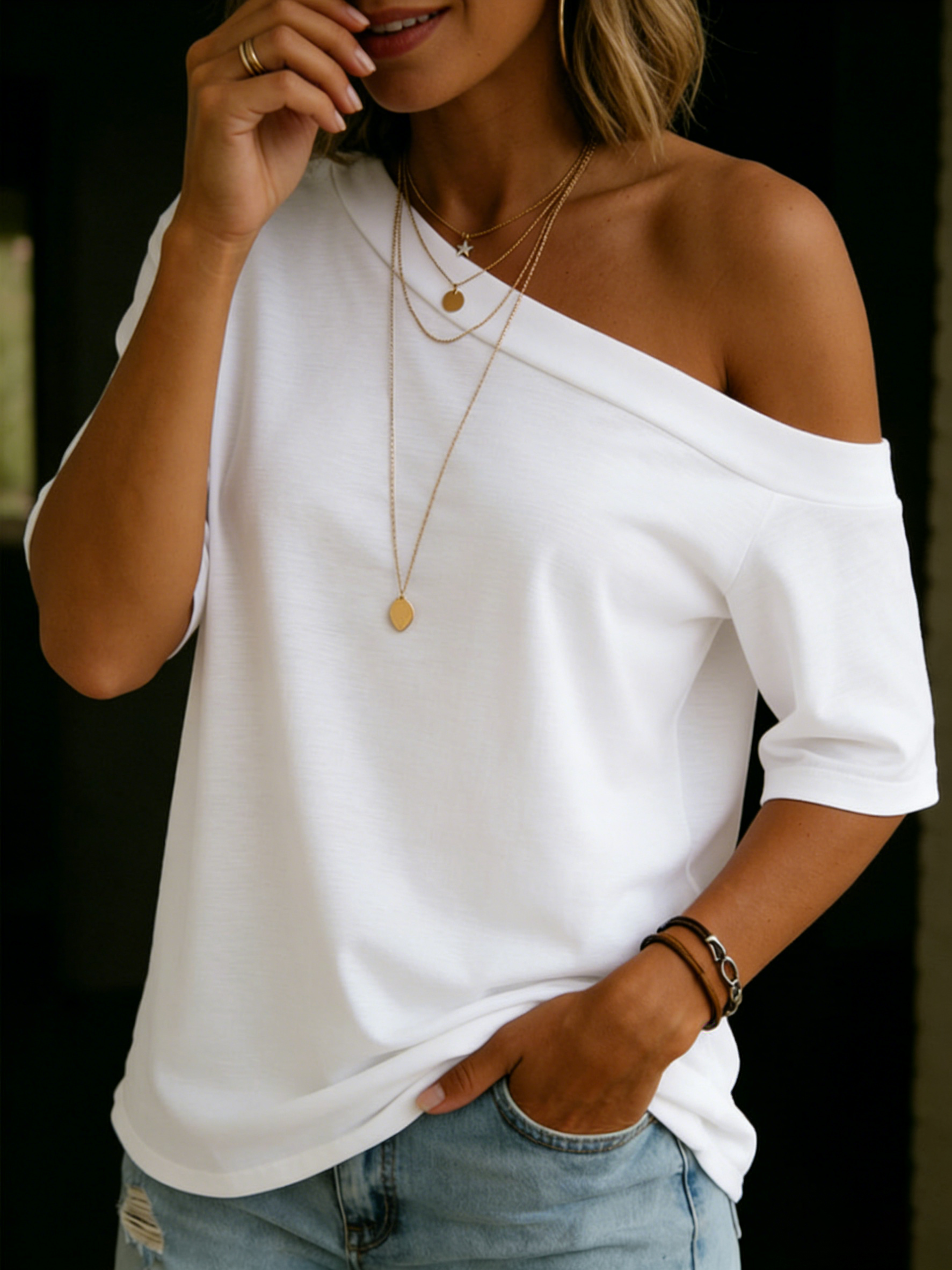 Camiseta de algodón 100% cómoda y elegante, de hombros descubiertos