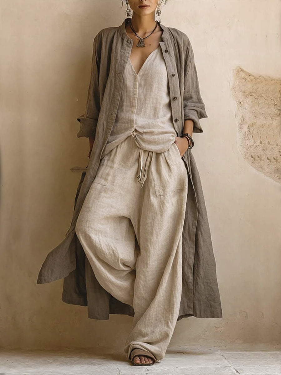 Eladia™ | Conjunto de Lino con Abrigo Largo