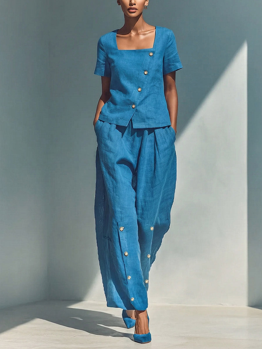 Natalia | Conjunto de lino y algodón con top de manga corta y pantalón amplio