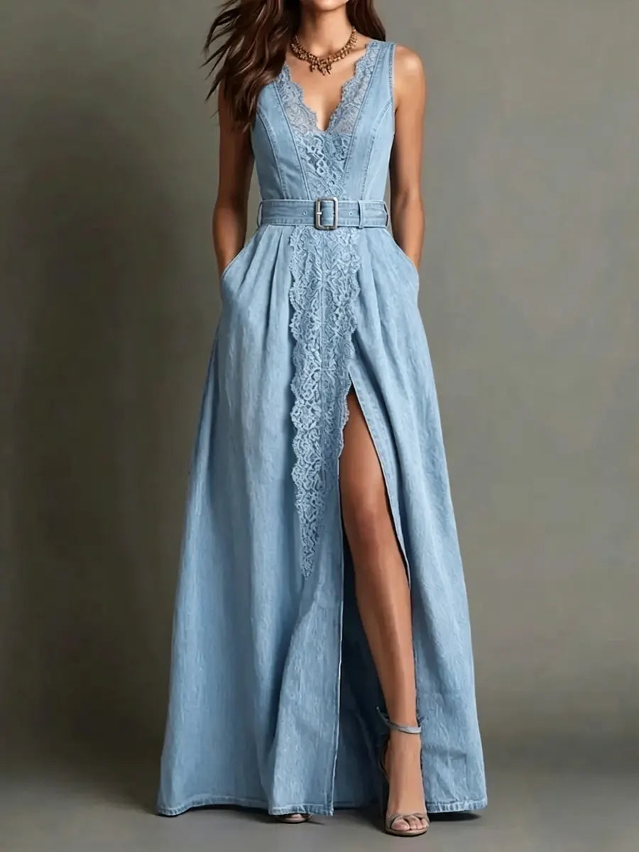 Aitana | Vestido vaquero de estilo vacacional para mujer con encaje, cuello en V y sin mangas