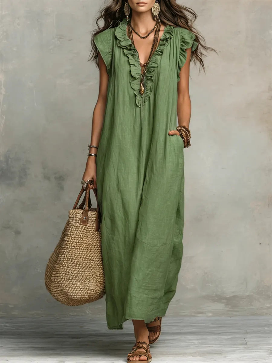 Noelia | Vestido casual de lino y algodón de color sólido con volantes para mujer