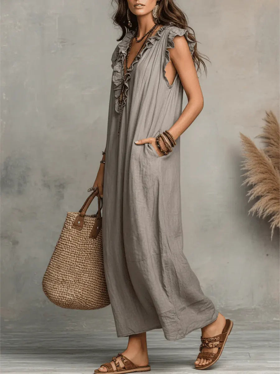 Noelia | Vestido casual de lino y algodón de color sólido con volantes para mujer