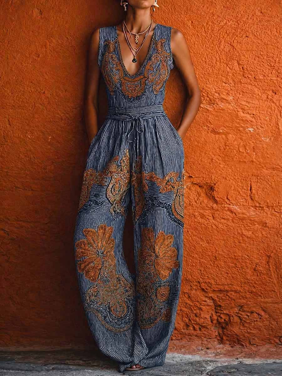 Marisa | Mono de pierna ancha de algodón y lino con rayas retro, sin mangas y cuello en V para mujer