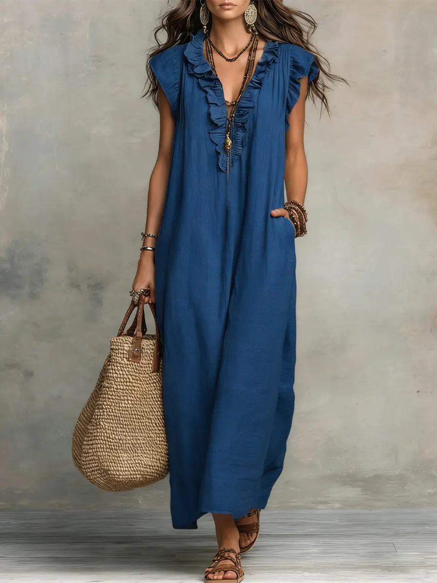 Noelia | Vestido casual de lino y algodón de color sólido con volantes para mujer
