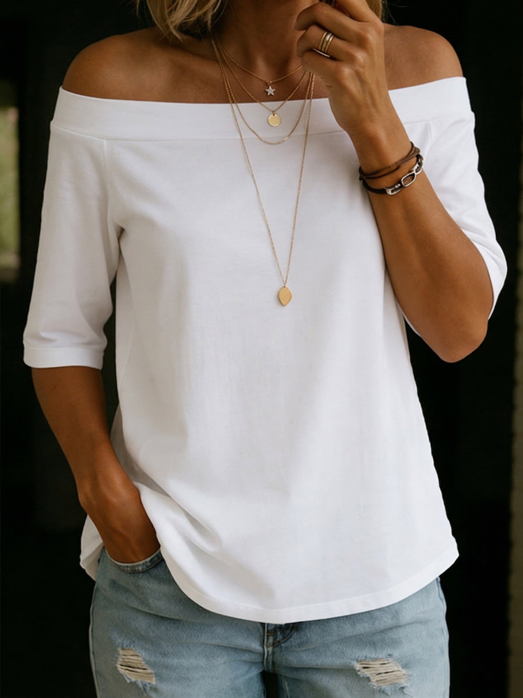 Camiseta de algodón 100% cómoda y elegante, de hombros descubiertos