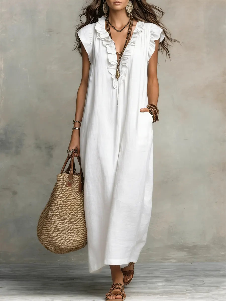 Noelia | Vestido casual de lino y algodón de color sólido con volantes para mujer