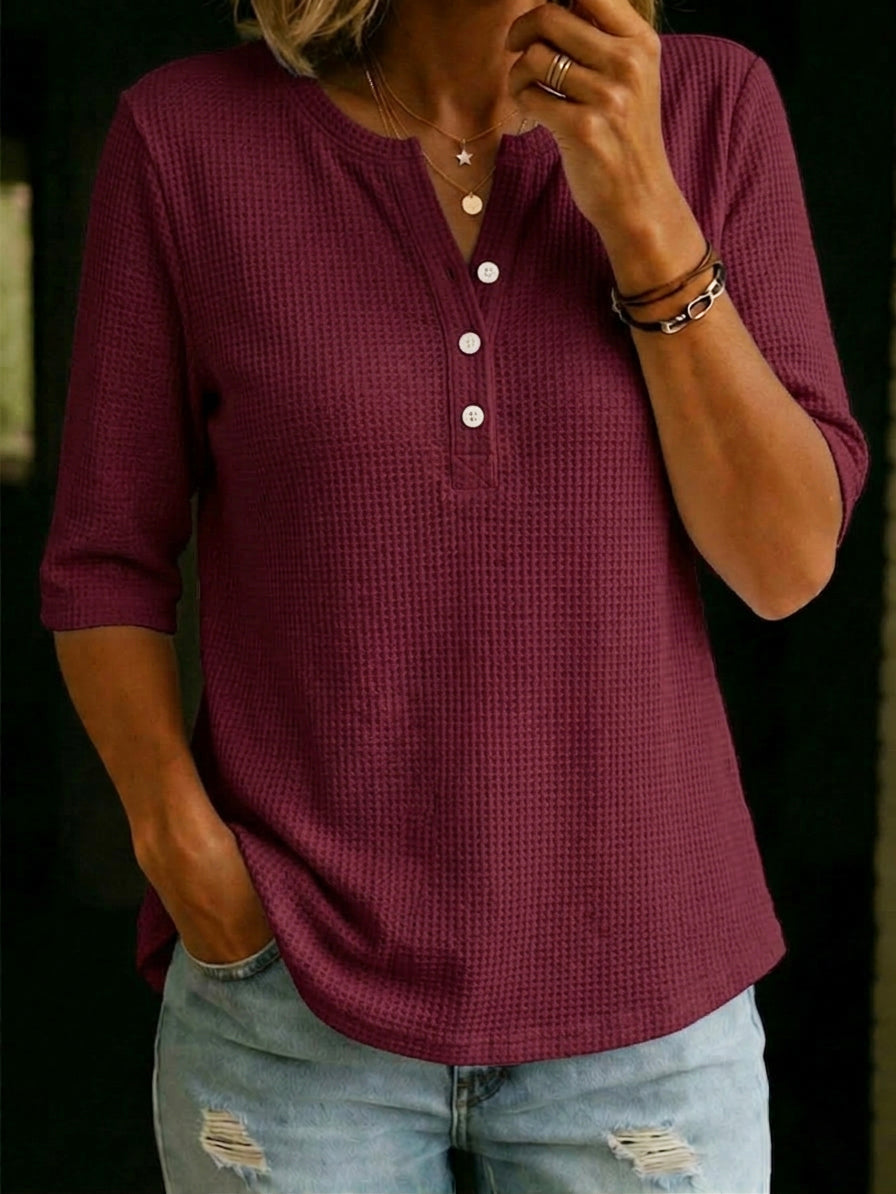 Camiseta casual de punto waffle con cuello Henley