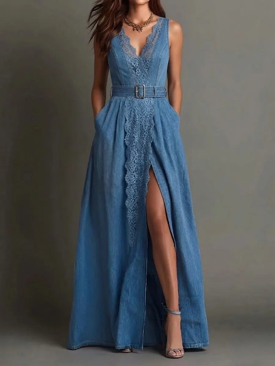Aitana | Vestido vaquero de estilo vacacional para mujer con encaje, cuello en V y sin mangas