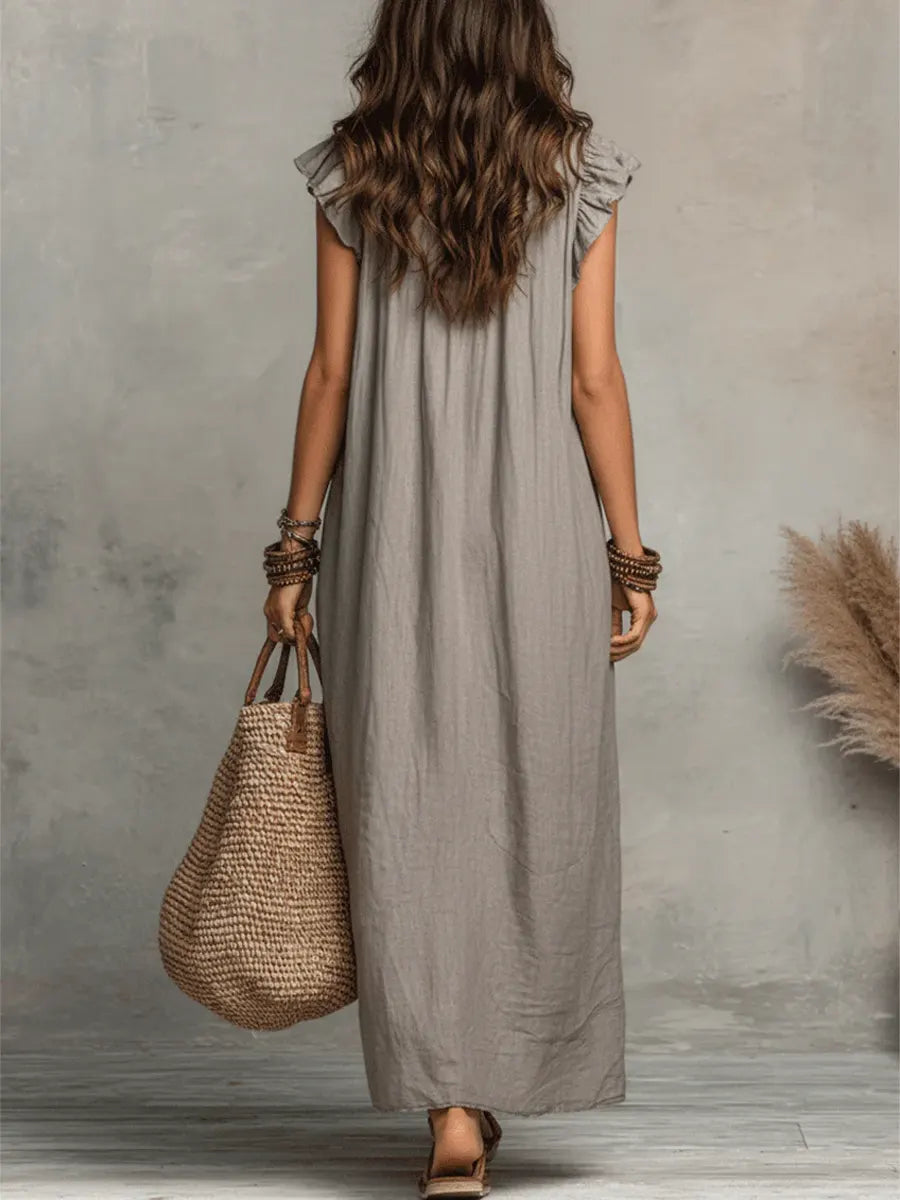Noelia | Vestido casual de lino y algodón de color sólido con volantes para mujer