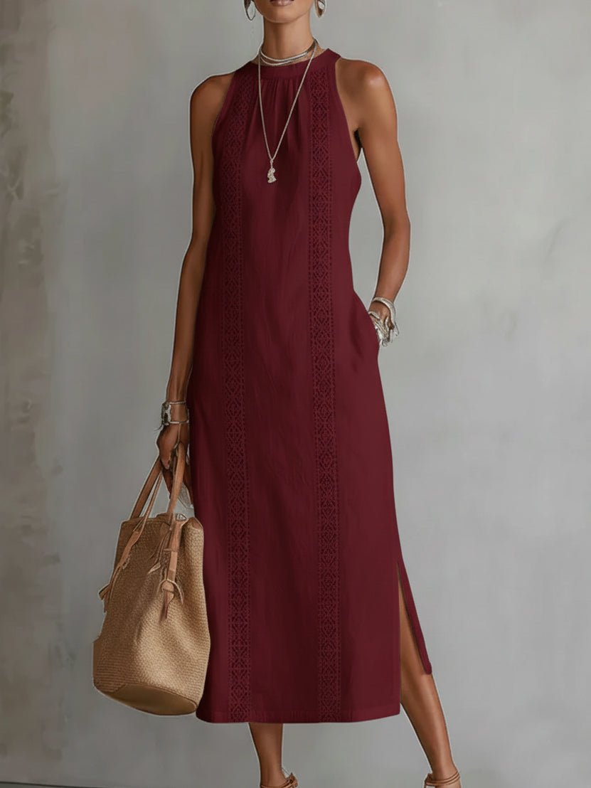 Jimena | Vestido burdeos midi de lino con cuello mao