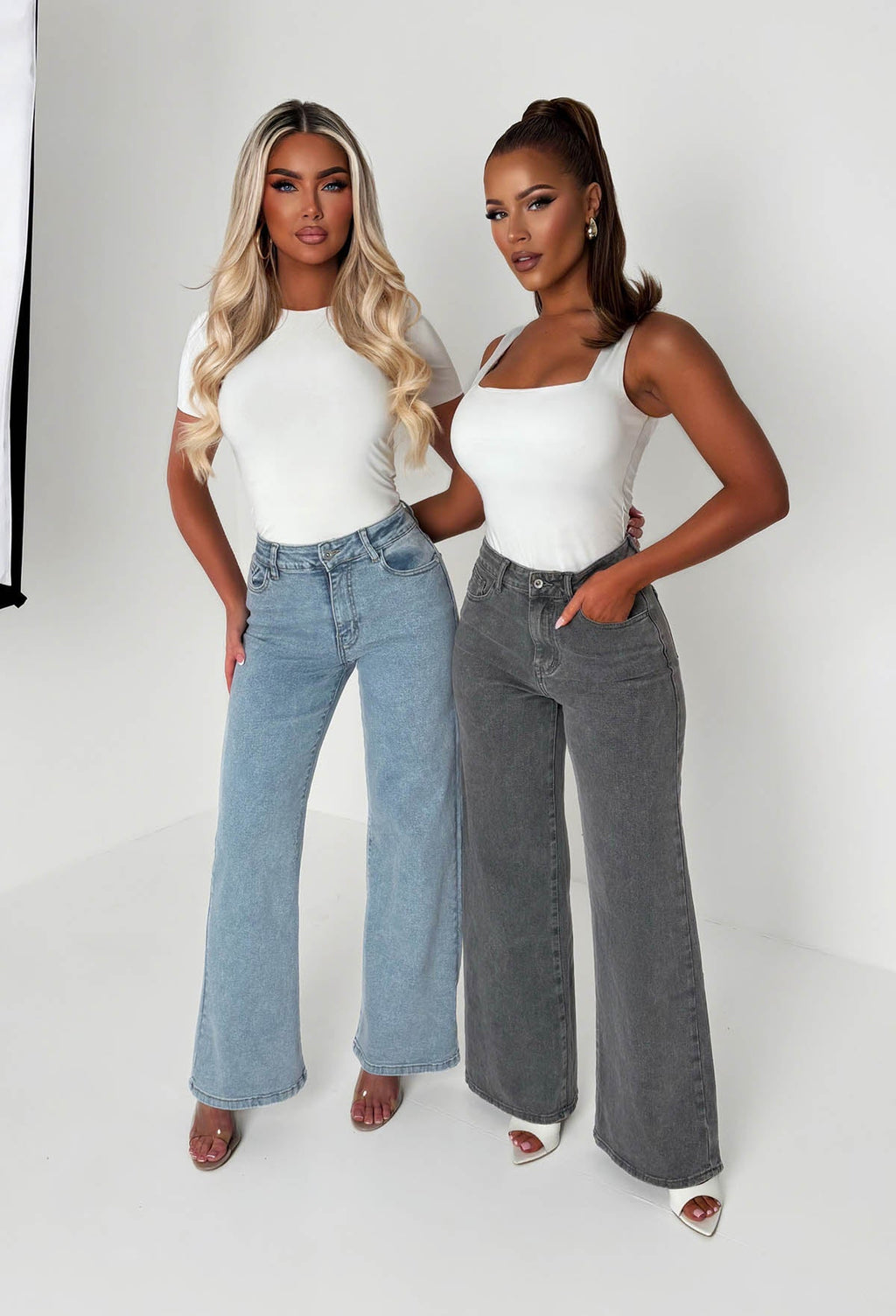 Rae Gris Jeans Acampanados de Pierna Ancha Súperelásticos