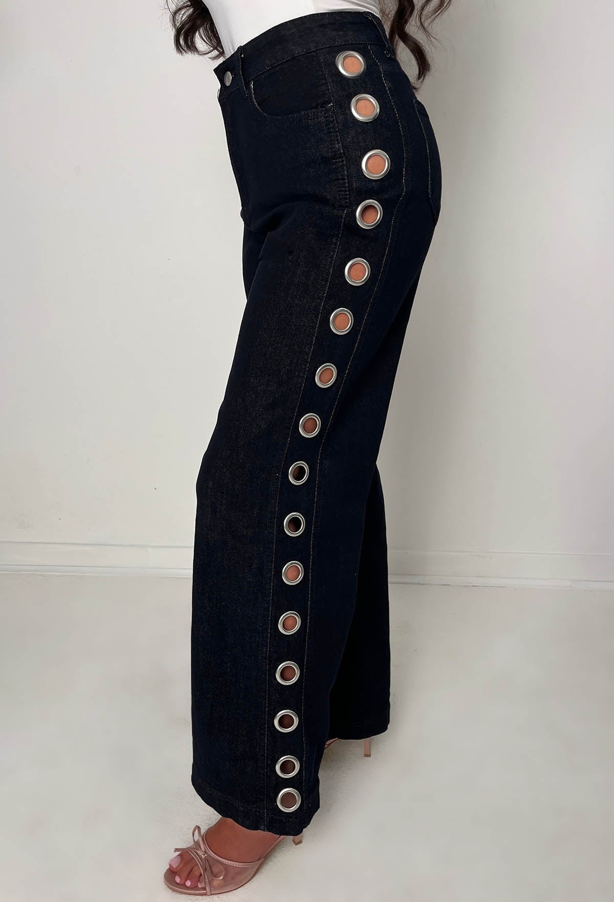 Ring Me vaqueros elásticos de pierna ancha azul oscuro con ojales