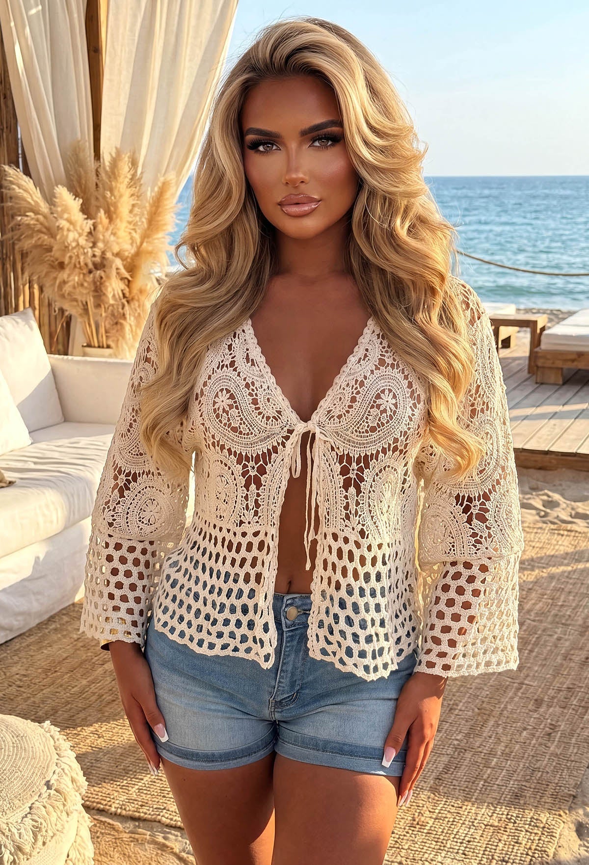 Cárdigan Crema de Crochet con Amarre Frontal Stacey